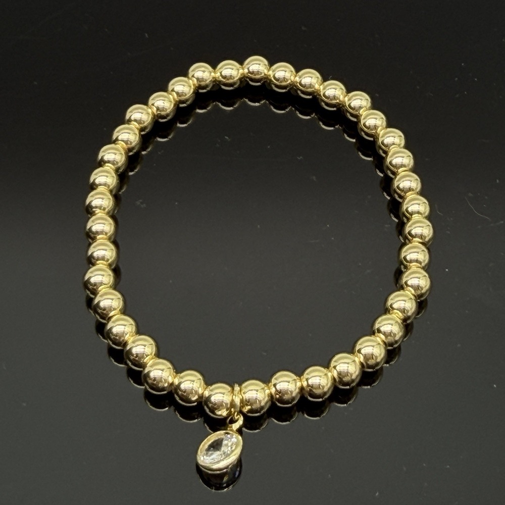 Gold Beaded Bracelet Dainty White Crystal Pendant Charm 6.25" Stretch Elastic